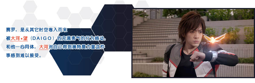 赛罗，是从其它时空卷入而来被大河·望（ＤＡＩＧＯ）的充满勇气的行为感动，和他一心同体，大河对自己得到奥特曼力量这件事感到难以接受。